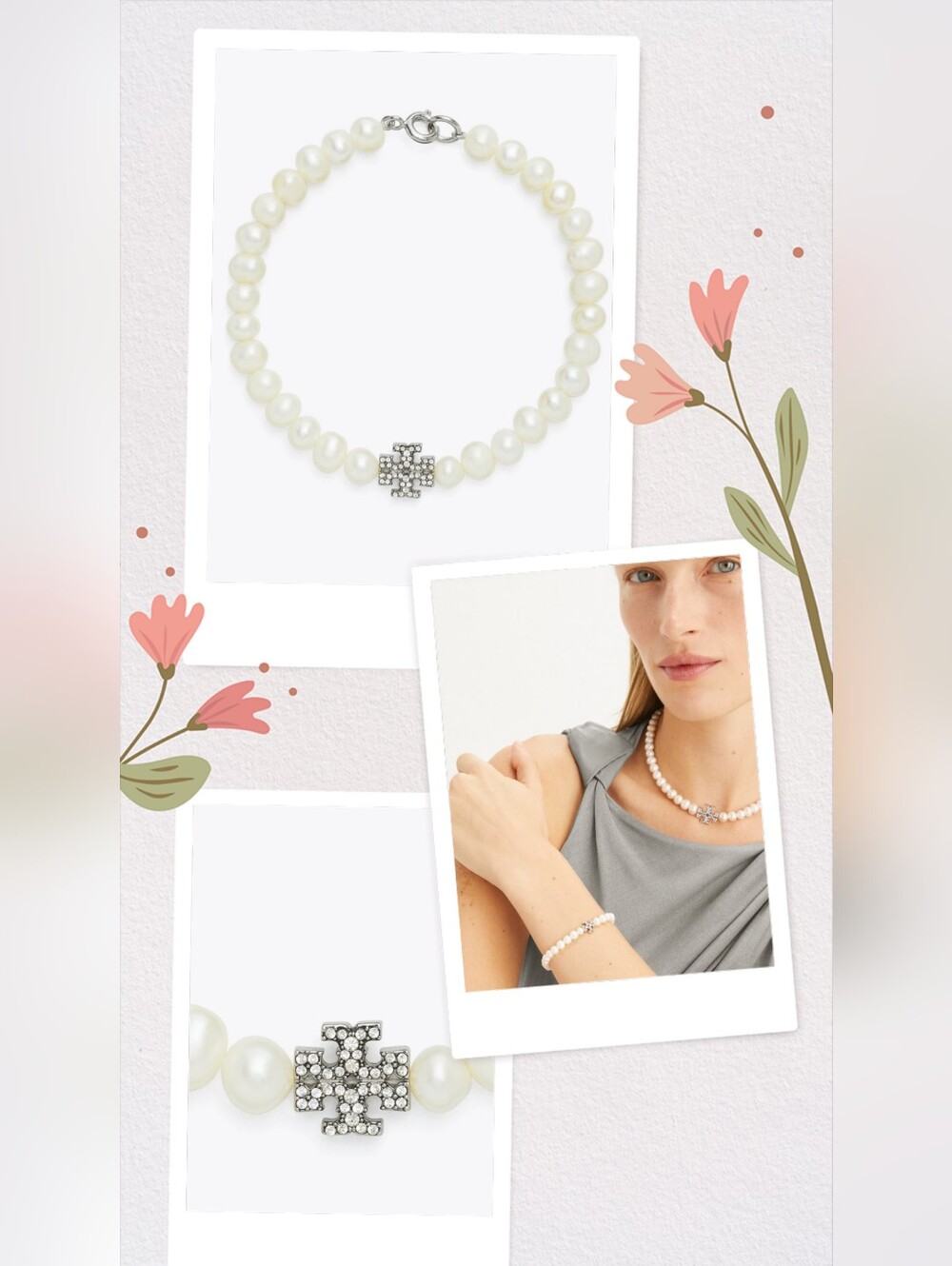 TORY BURCH Moondance Pave Pearl Double T Logo Bracelet